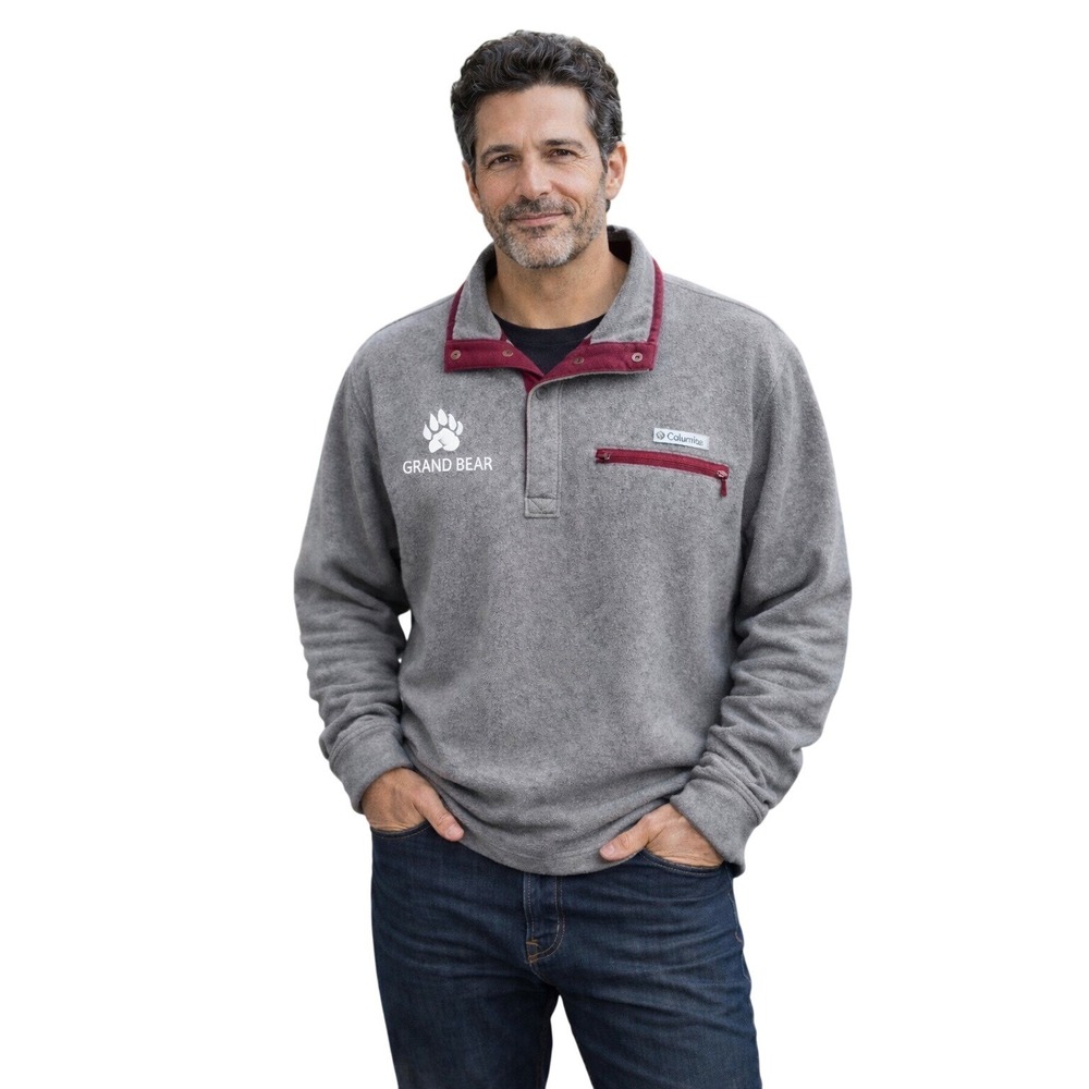 Columbia PFG Men's Gray Fleece Snap Neck Pullover‎ Sweatshirt XL Grand Bear